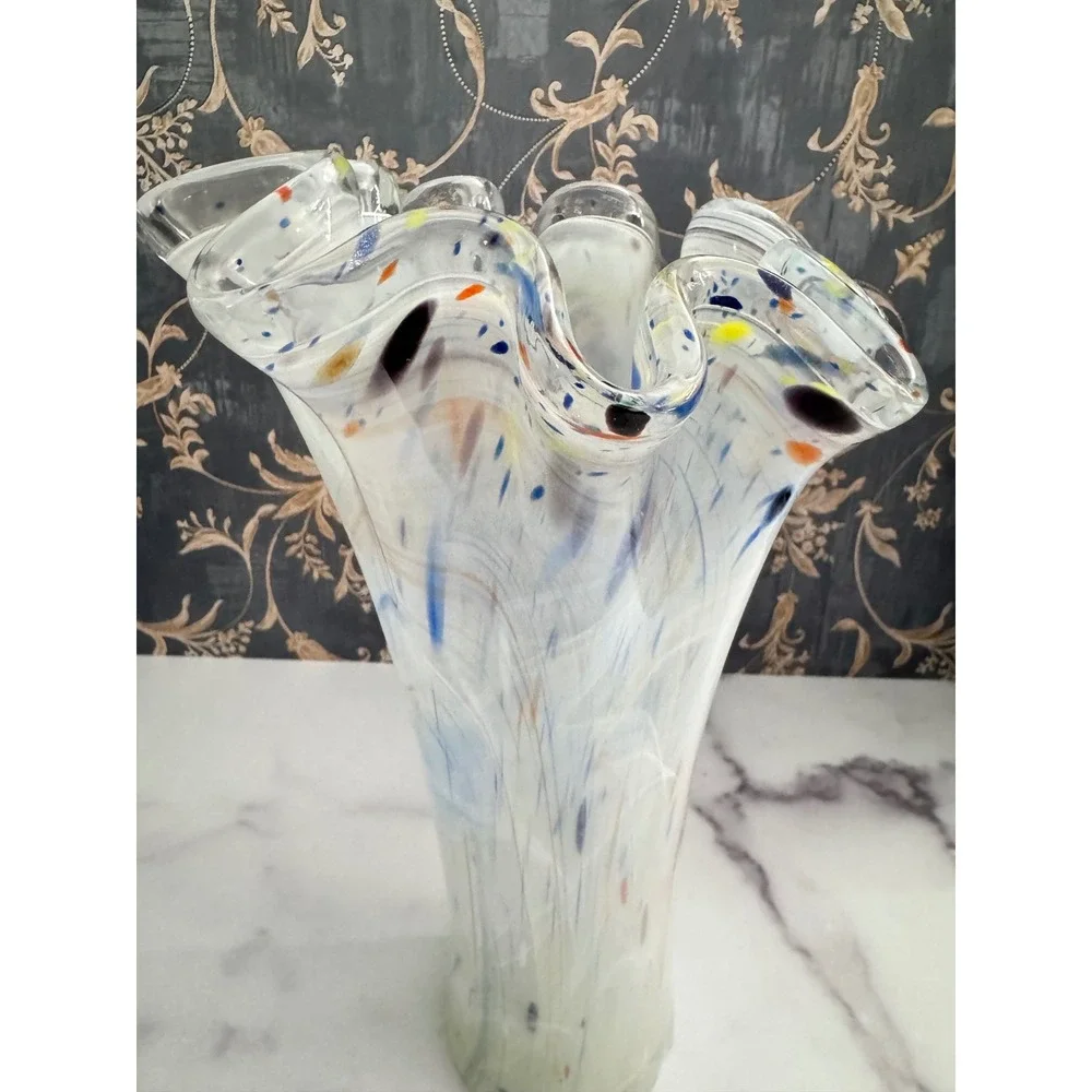 Hand Blown Art Glass Handkerchief Vase White Blue Swirl Confetti Ruffled 10.5